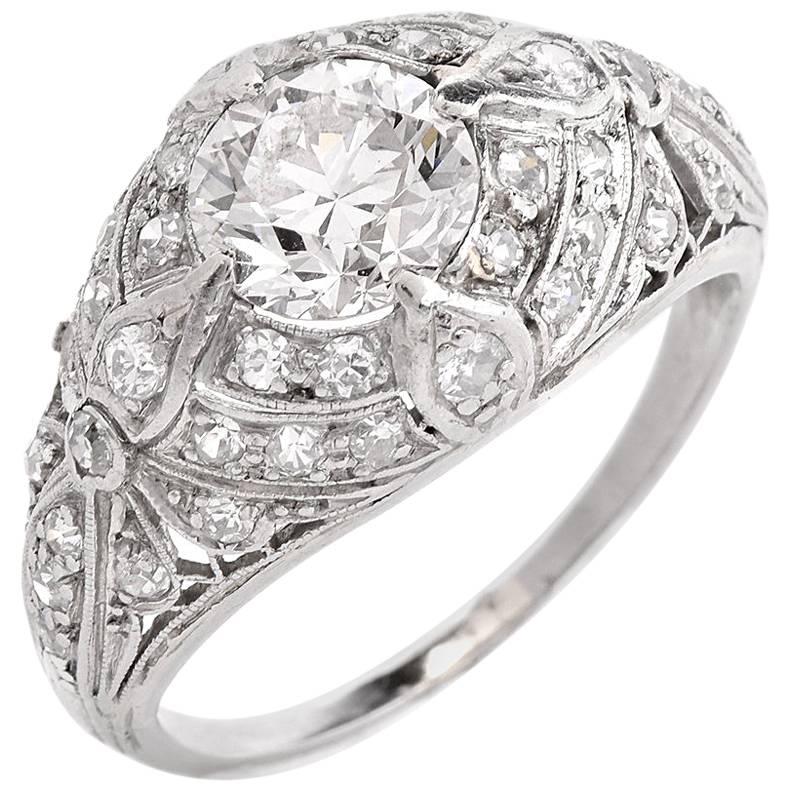 1920s Filigree Diamond Platinum Dome Shape Engagement Ring