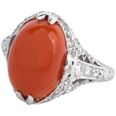 1930s Art Deco Red Coral Diamond Platinum Filigree Ring