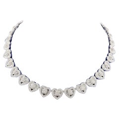 14K White Gold Lady's Diamond Baguette Heart Cluster Link Necklace 26.90ct