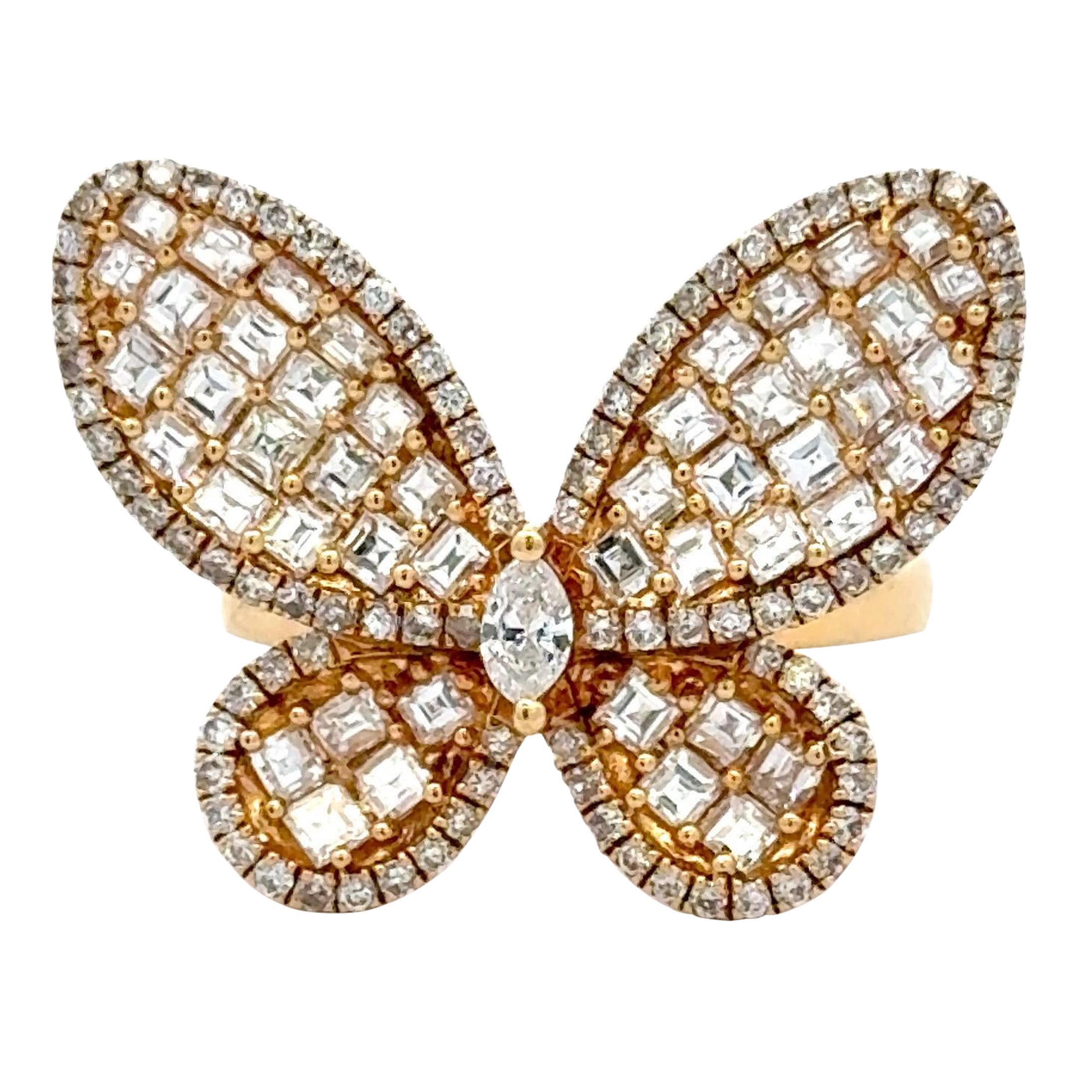 Marquise Assher Cut & Round Diamond Butterfly Cocktail Ring 1.70 CTS 18KT Gold