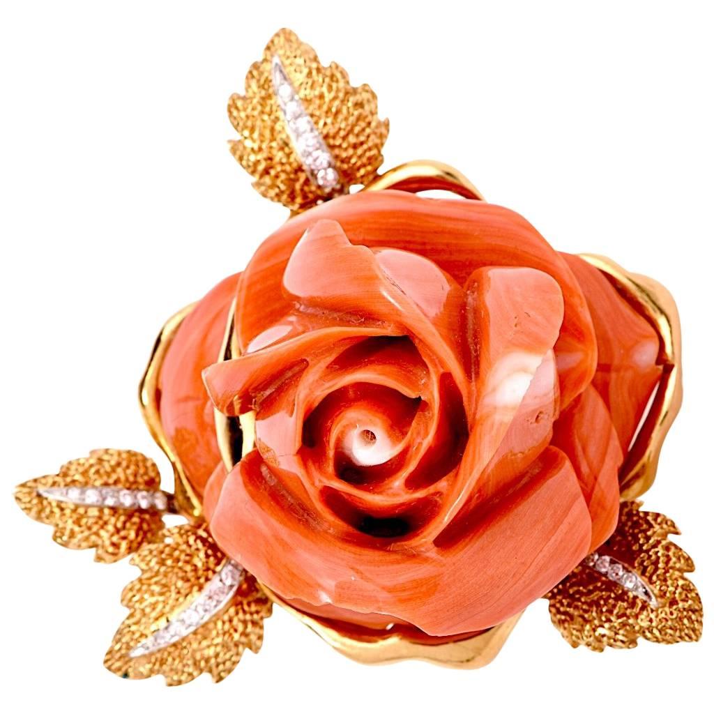 1950s Carved Natural Coral Rose Diamond Gold Brooch Pin