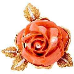 1950s Carved Natural Coral Rose Diamond Gold Brooch Pin 5