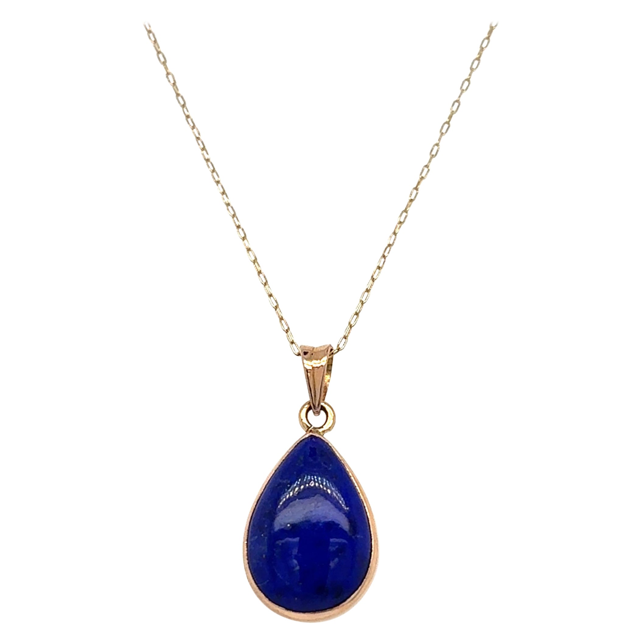 Pear Cut Lapis Lazuli Yellow Gold Pendant Necklace