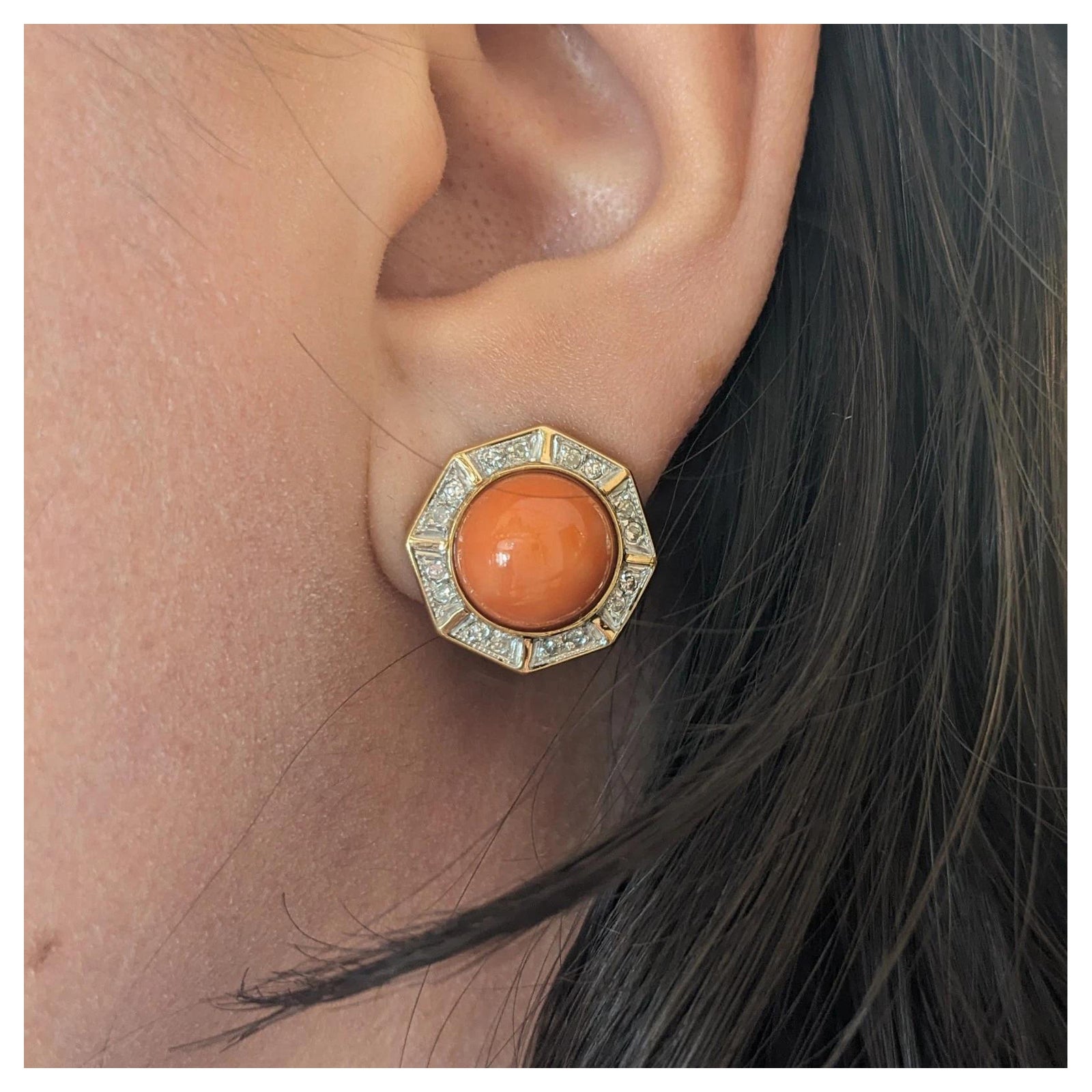 Vintage Koralle und Diamant-Ohrstecker in 18k Gelbgold
