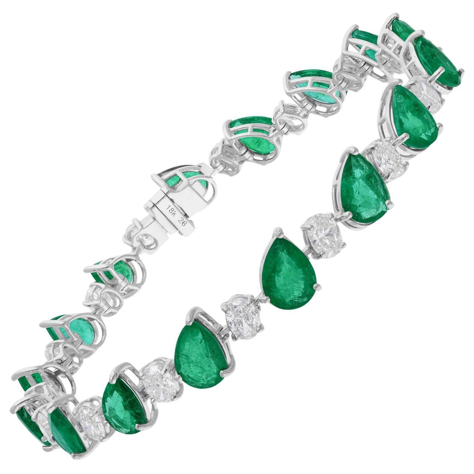 Pear Zambian Emerald Bracelet SI/H Oval Diamond 18 Karat White Gold Fine Jewelry