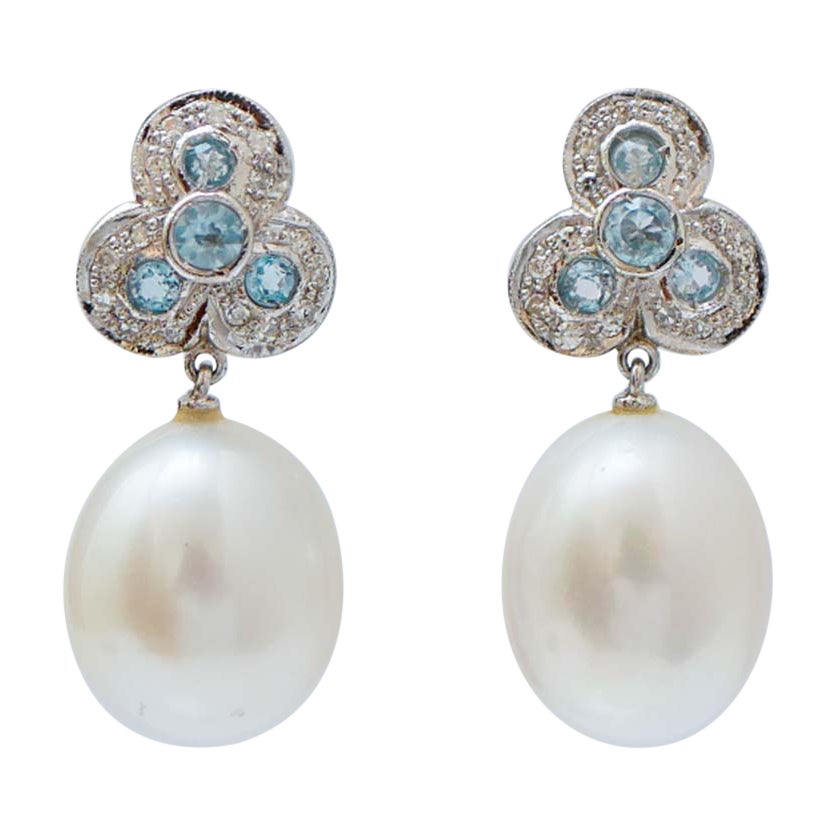 Pearls, Aquamarine, Diamonds, Platinum Earrings.
