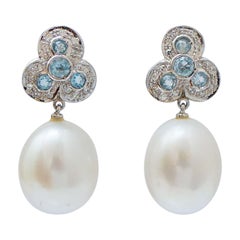 Pearls, Aquamarine, Diamonds, Platinum Earrings.