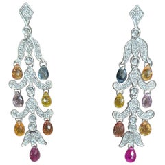 13.65 Carat Diamond and Multi Color Sapphire Briolette Dangle Earrings