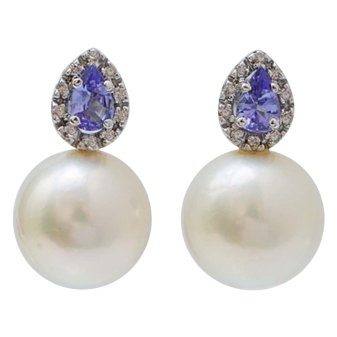 13 Mm Pearls, Tanzanite, Diamonds, 14 Karat White Gold Earrings.