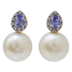 13 Mm Pearls, Tanzanite, Diamonds, 14 Karat White Gold Earrings.