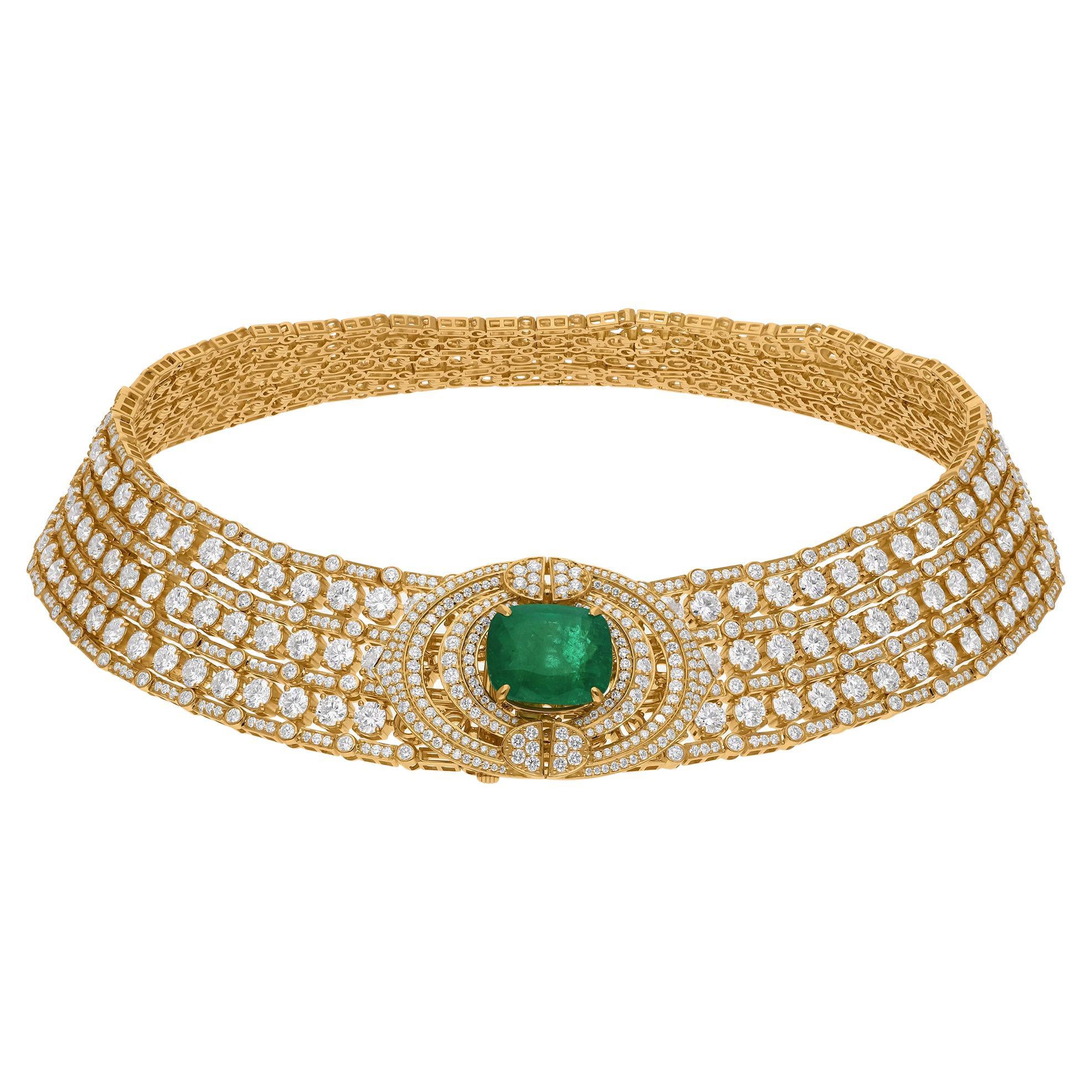 9.90 Carat Zambian Emerald 25.75 Ct SI/H Diamond 18k Yellow Gold Choker Necklace