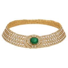 9.90 Carat Zambian Emerald 25.75 Ct SI/H Diamond 18k Yellow Gold Choker Necklace