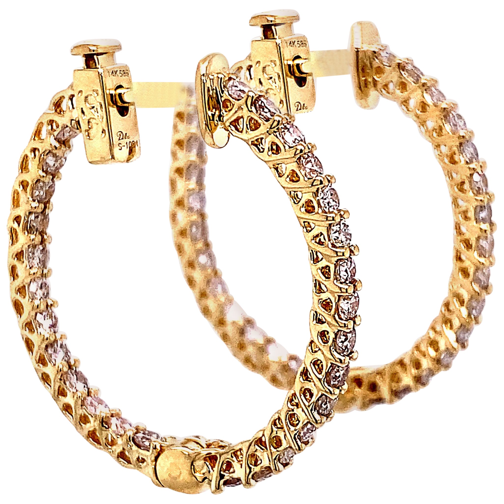1.34 Carat Round Diamond Hoop Earrings Yellow Gold