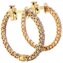 1.34 Carat Round Diamond Hoop Earrings Yellow Gold