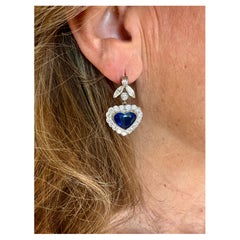 1 8 K White Gold drop Earrings with Heart Shape Sapphires & Diamonds
