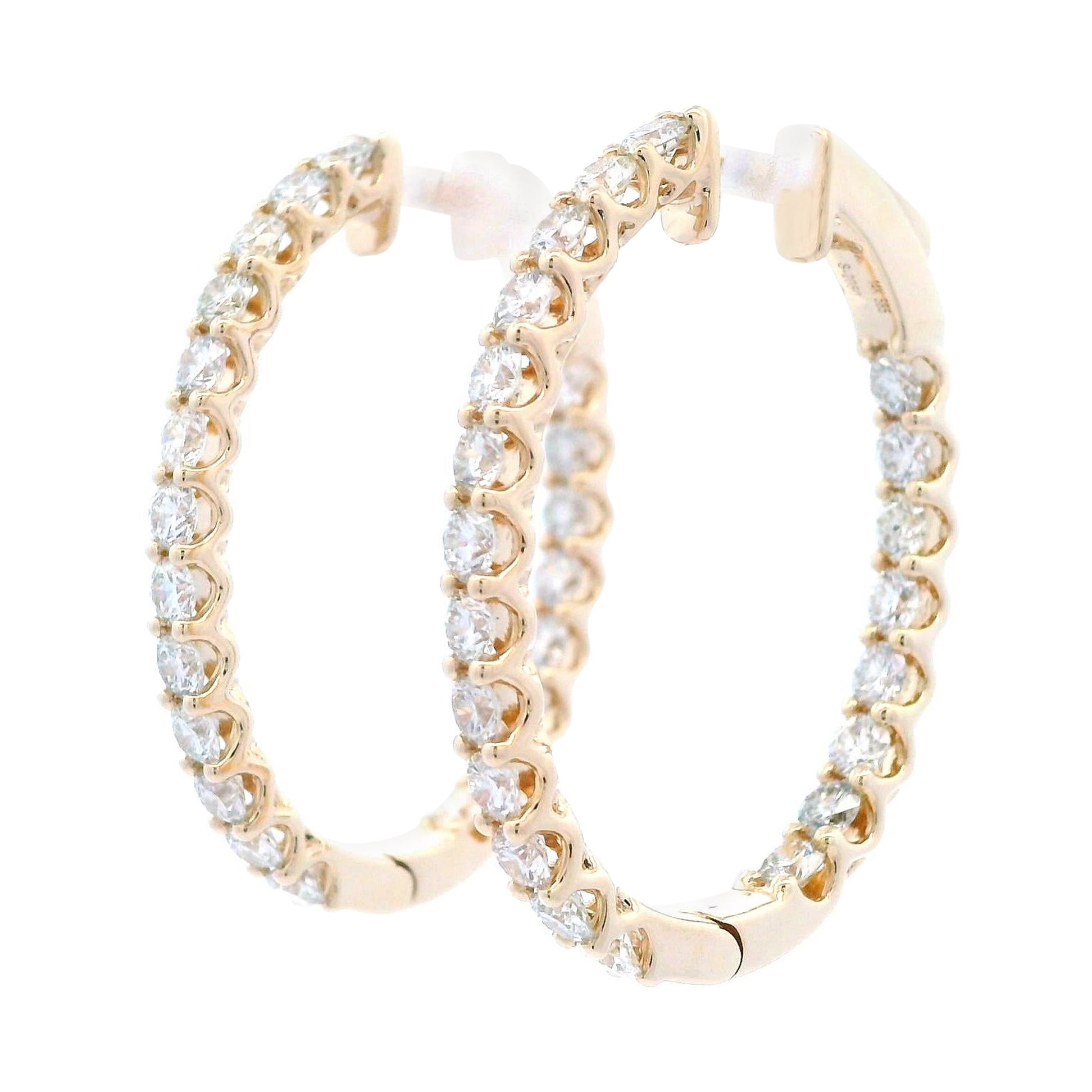 2.95 Carat Round Diamond Hoop Earrings Yellow Gold