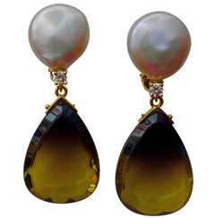 Michael Kneebone Bi-Color Quartz Coin Pearl Diamond Dangle Earrings