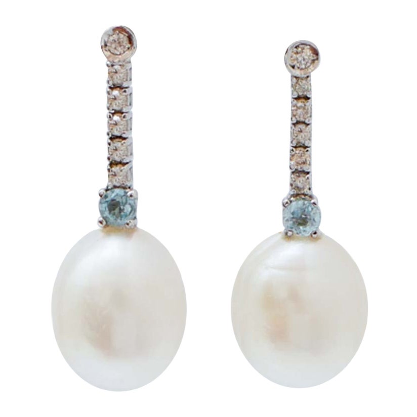 Perlas, Topacio Color Aguamarina, Diamantes, Pendientes de Tenis de Oro Blanco de 14 Kilates.