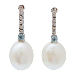Boucles d'oreilles tennis en or blanc 14 carats, perles, topaze de couleur aigue-marine et diamants