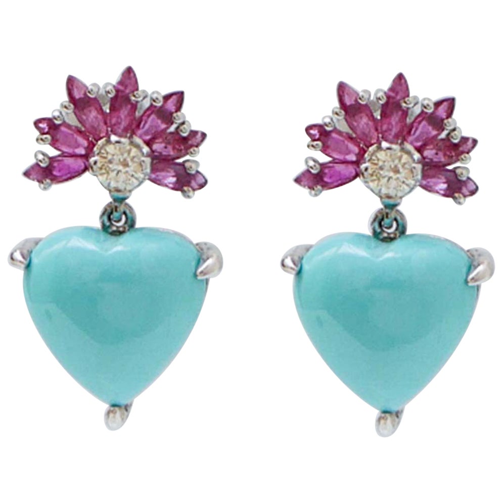 Turquoise, Rubies, Diamonds, 14 Karat White Gold Earrings.