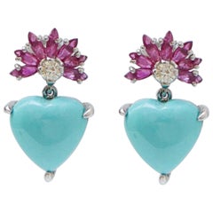 Turquoise, Rubies, Diamonds, 14 Karat White Gold Earrings.