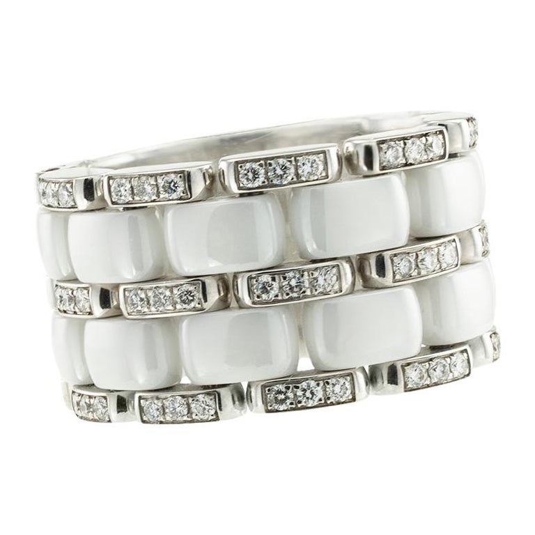 Chanel Ultra Wide White Ceramic Diamond Flex Ring Size 5.25