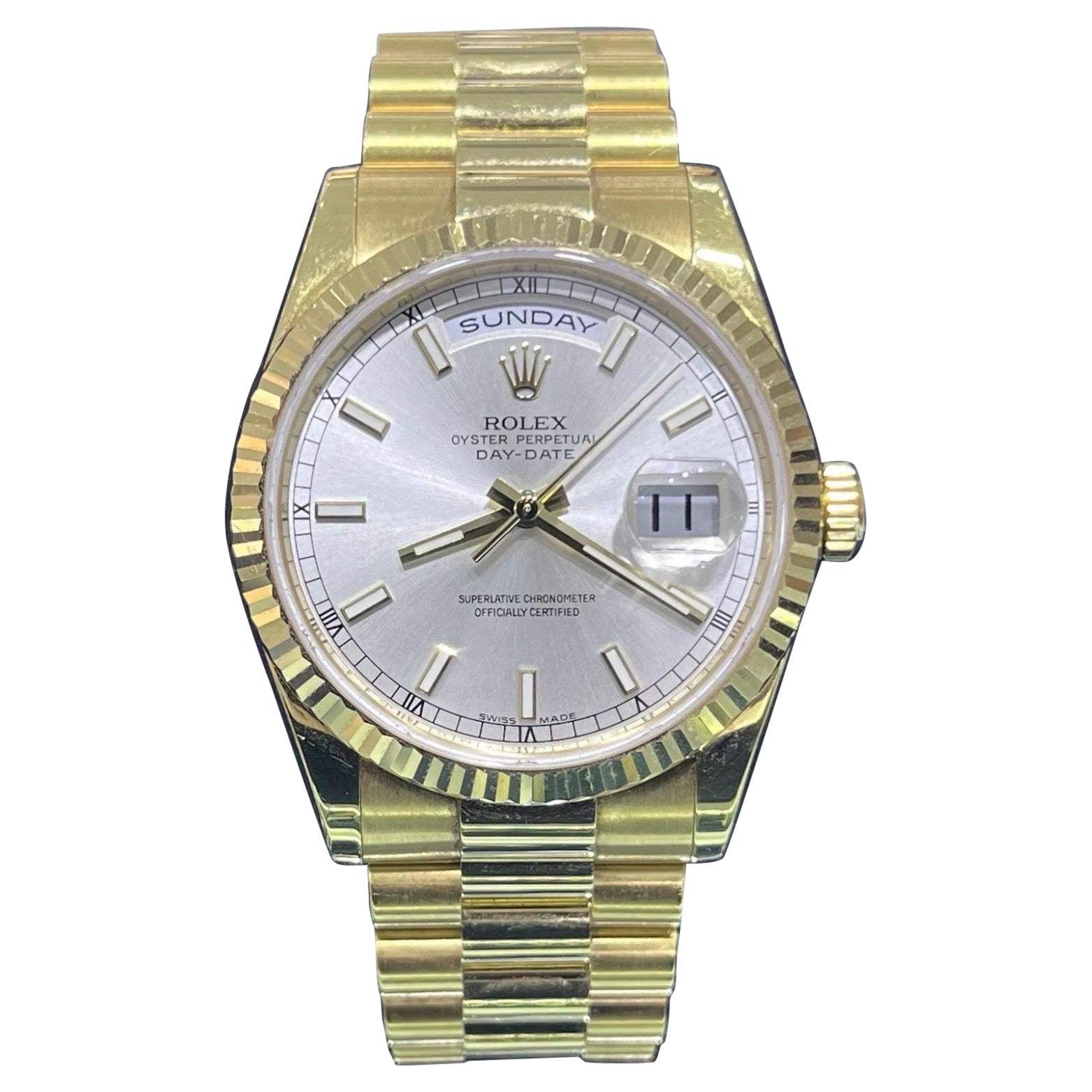 Rolex Day-Date President Or jaune 18k Cadran argenté Montre Homme 36mm '12+ 118238