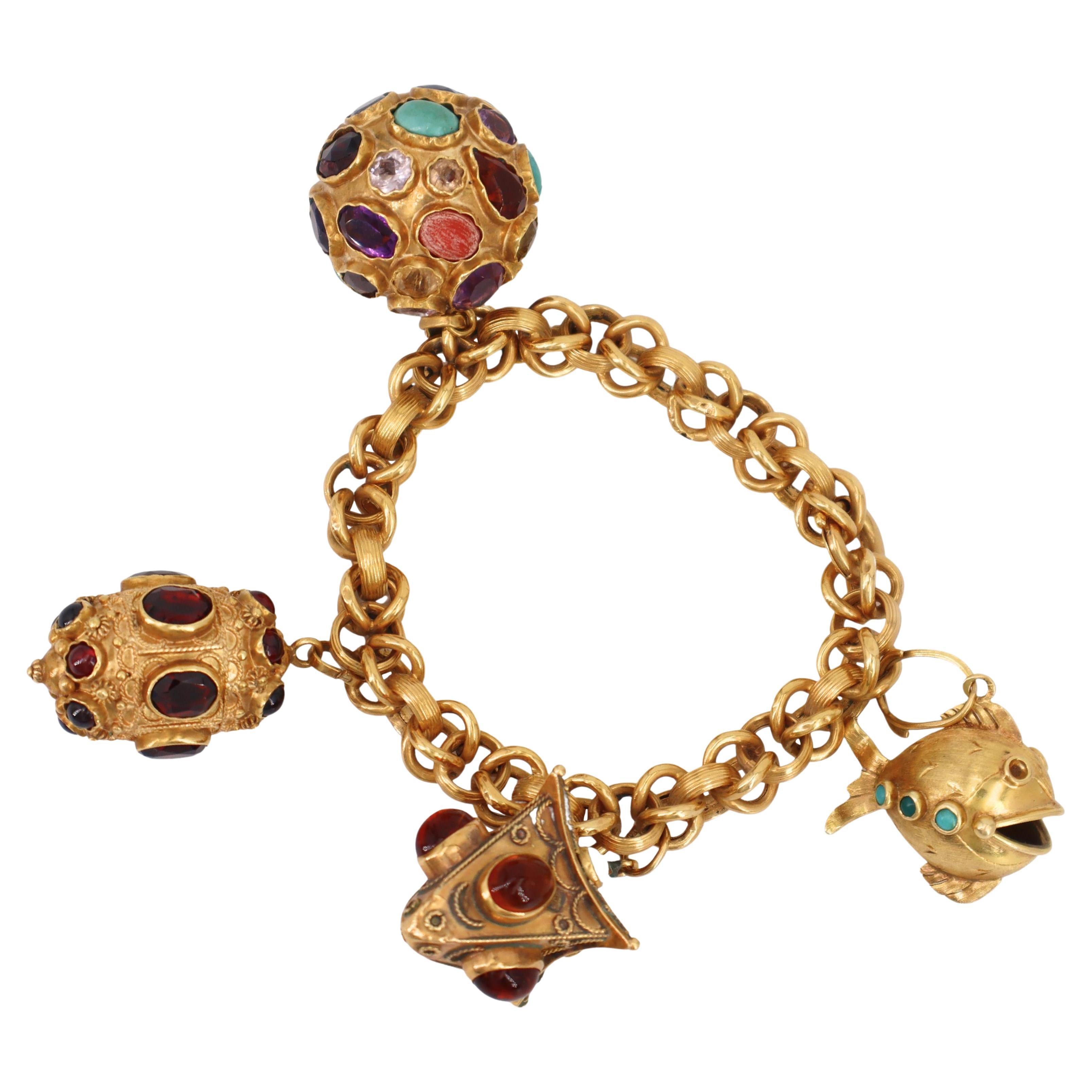 Mid-century 1970 Italian 18kt Gold Etruscan Revival Charm Bracelet