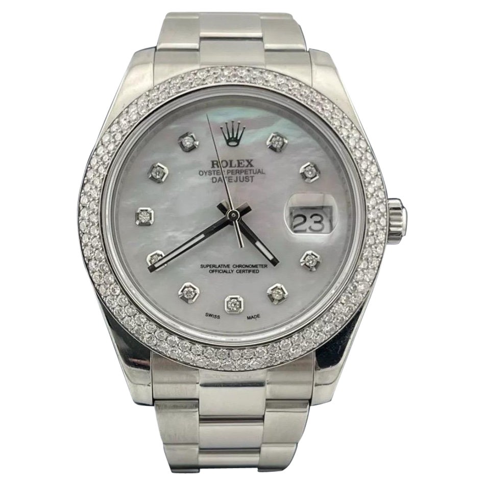 Rolex Datejust II 41mm Diamond Bezel & Dial White Mother Of Pearl Watch 116334