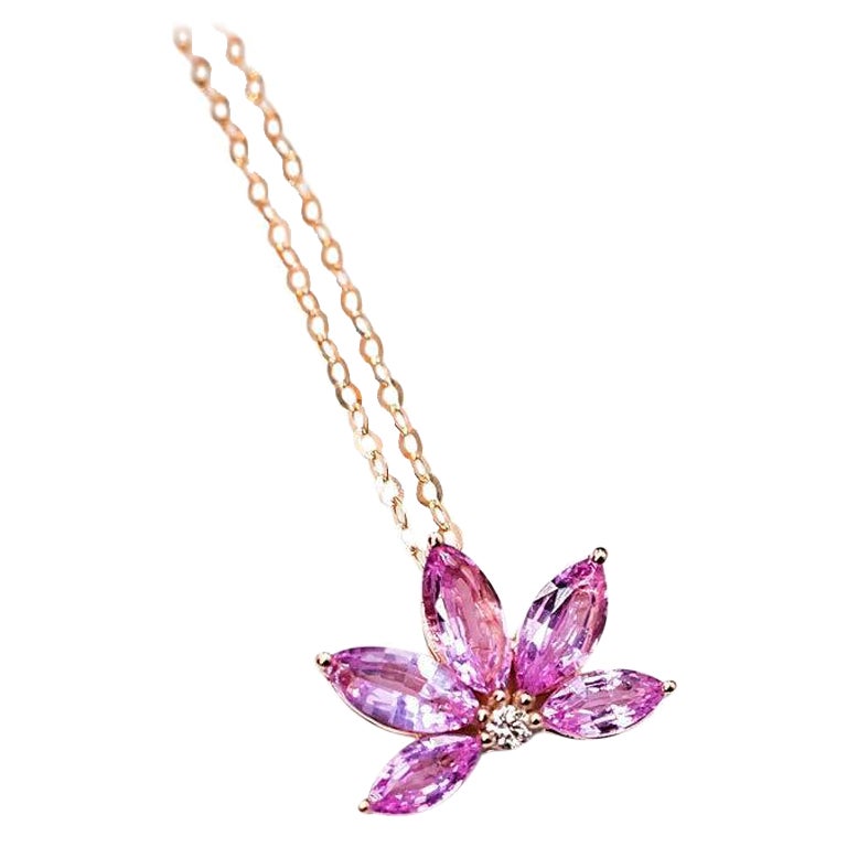 Lotus Water Lily Design Pink Sapphire Diamond Pendant Necklace 18K Rose Gold For Sale