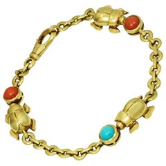 Vintage Cartier Three Beetle Coral Turqoise Yellow Gold Bracelet