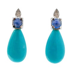 Turquoise, Sapphires, Diamonds, 14 Karat White Gold Earrings.