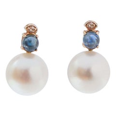 Pearls, Sapphires, Diamonds, 14 Karat Rose Gold Earrings.