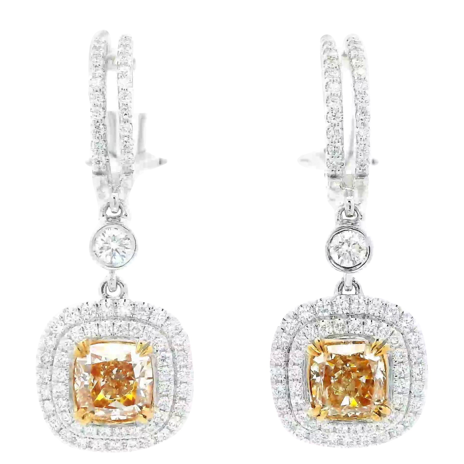 2.88ctt Certified Yellow Diamond Dangle Earrings with Double Halo 18k