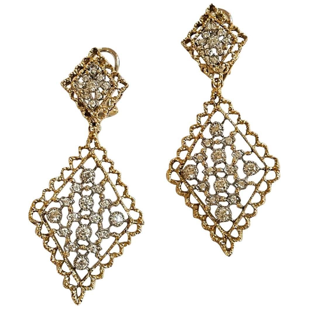 1970s Mario Buccellati Long Diamond Gold Earrings