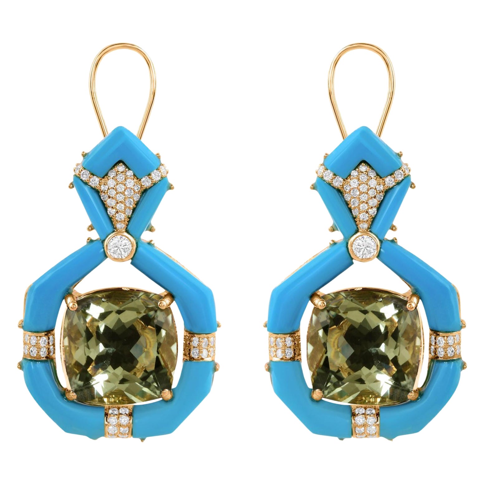 Pendientes Colgantes Amatista Verde Diamante Turquesa Oro Blanco 18 Kilates