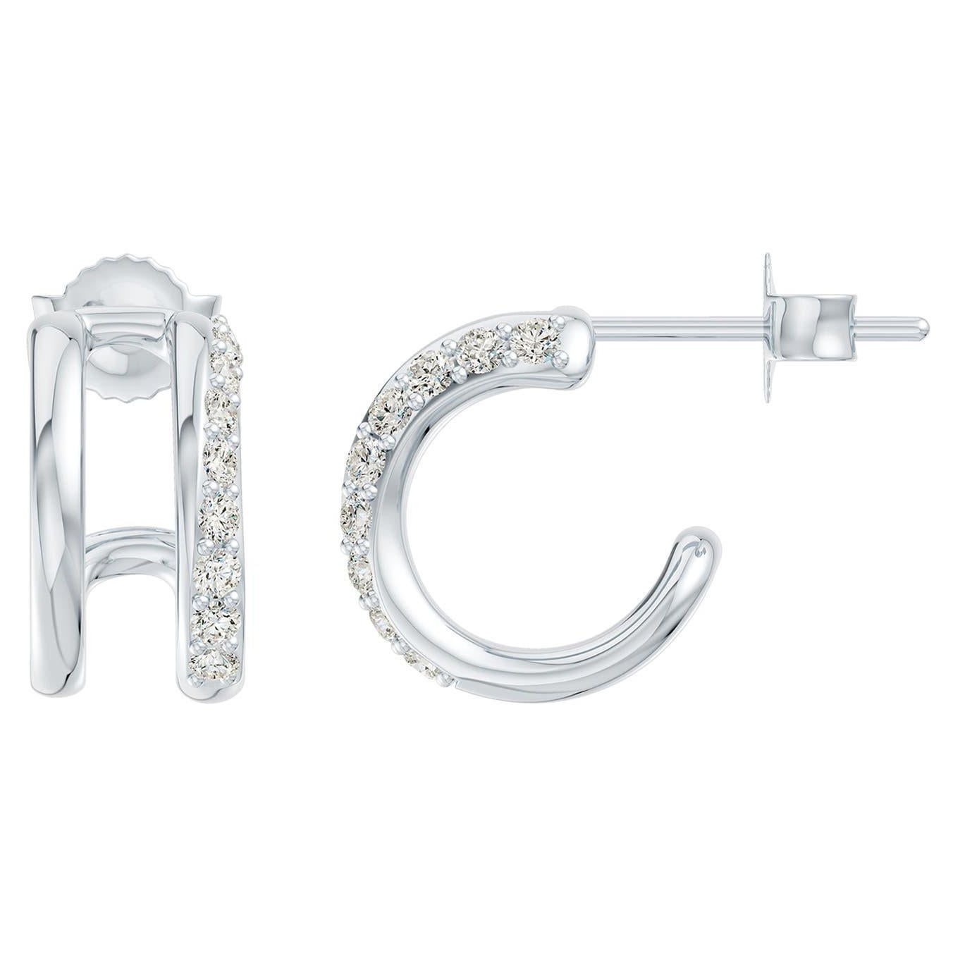 Natural 0.25Ct Diamond Double Huggie Hoop Earrings in 14K White Gold For Women