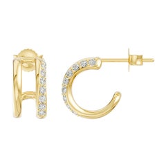Natural 0.25Ct Diamond Double Huggie Hoop Earrings in 14K Yellow Gold For Women