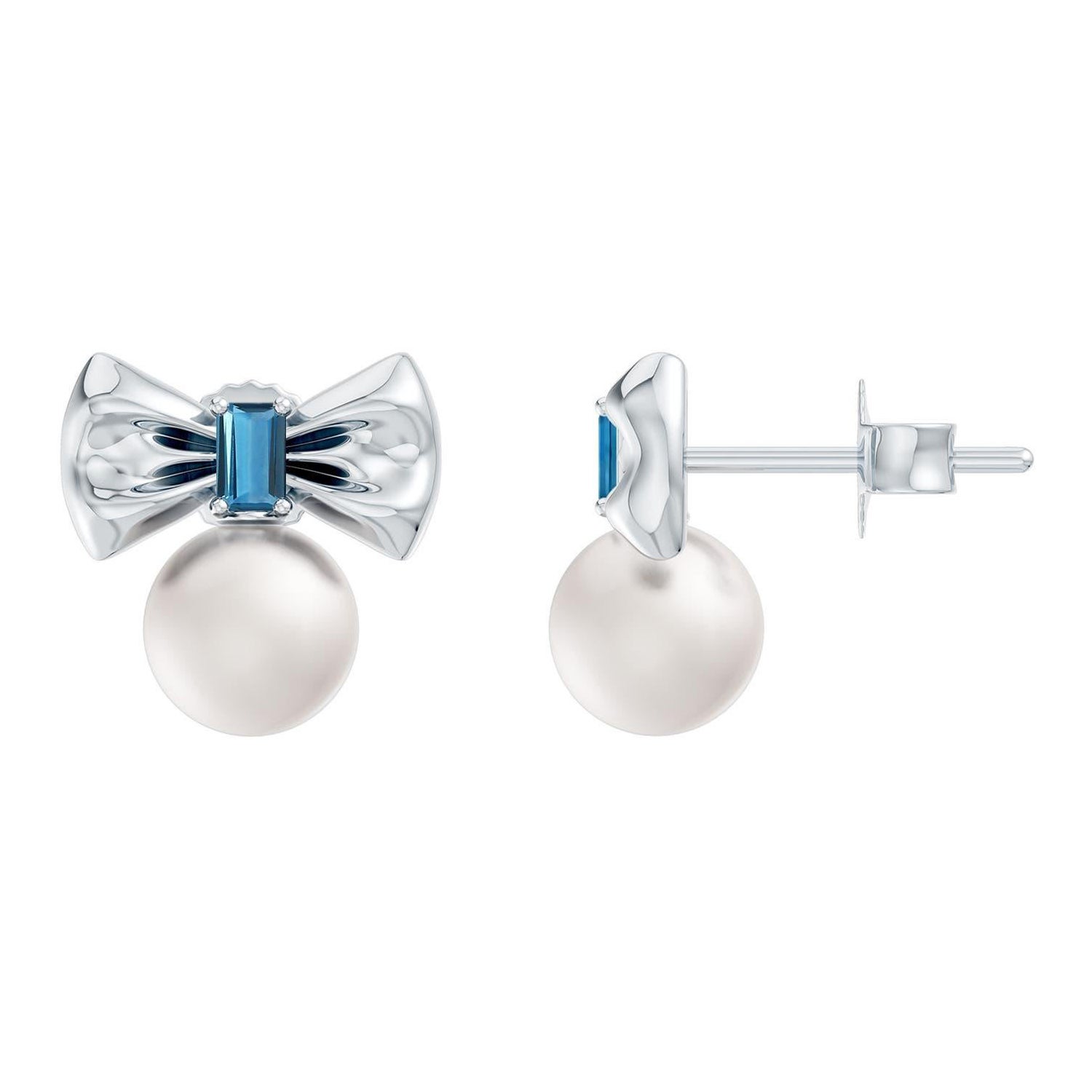 Freshwater Pearl 7MM and London Blue Topaz Bow Stud Earrings in 14K White Gold For Sale
