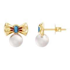 Freshwater Pearl 7MM and London Blue Topaz Bow Stud Earrings in 14K Yellow Gold
