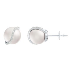 Freshwater Pearl 8MM with Diamond Wave Stud Earrings in 14K White Gold For Women