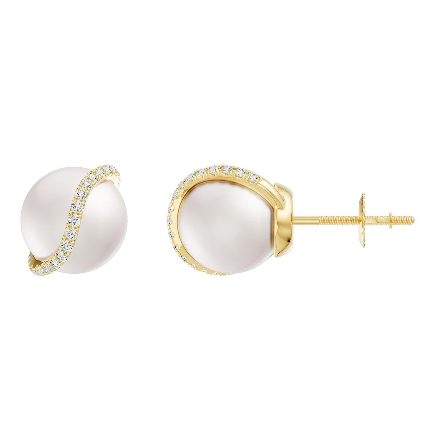 Freshwater Pearl 8MM with Diamond Wave Stud Earrings in 14K YellowGold For Women For Sale
