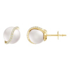 Freshwater Pearl 8MM with Diamond Wave Stud Earrings in 14K YellowGold For Women