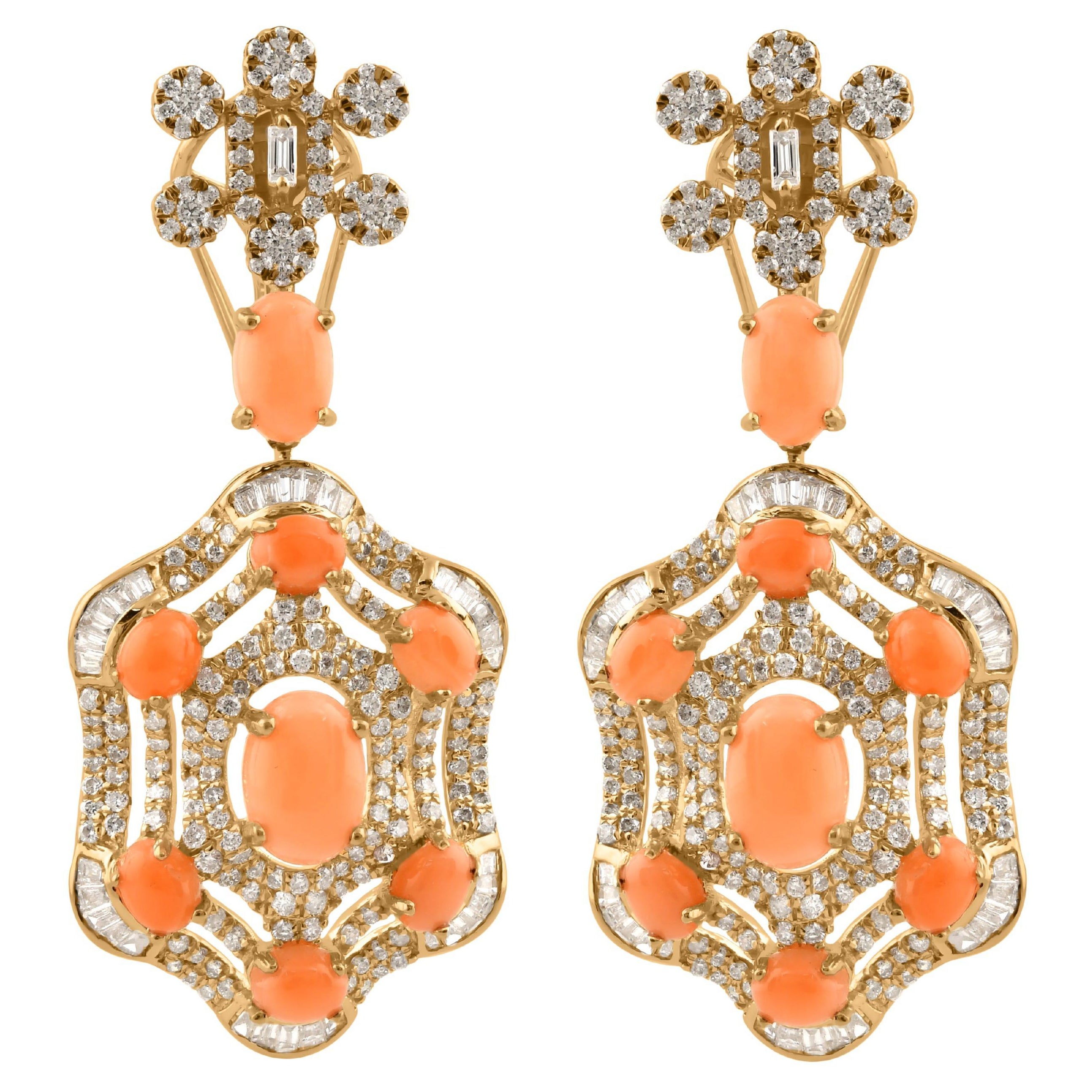 4.9 Carat Coral Dangle Earrings 2.27 Carat SI/H Diamond 18 Karat Yellow Gold For Sale