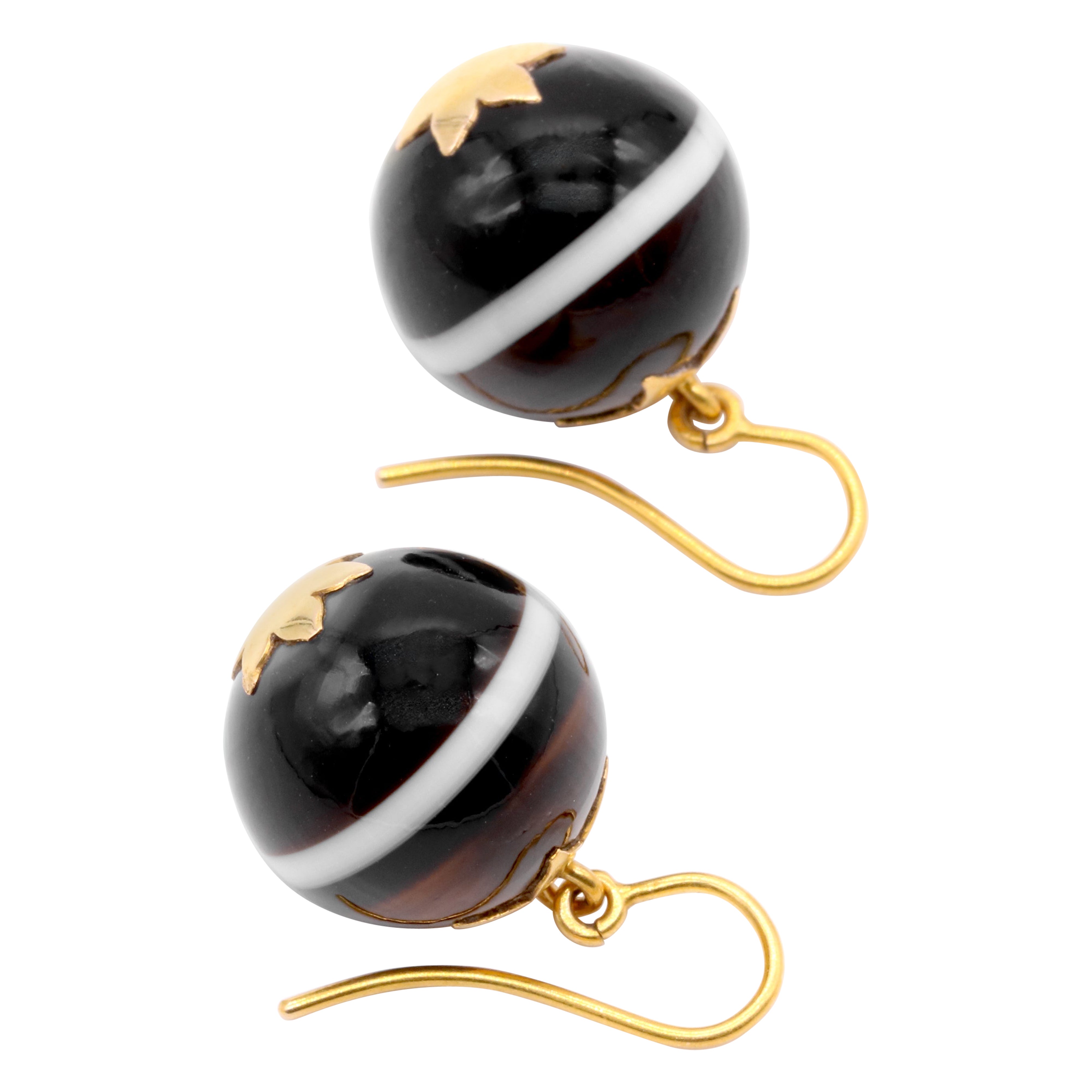 Antique Victorian 15K Yellow Gold Banded Agate Drop Earrings