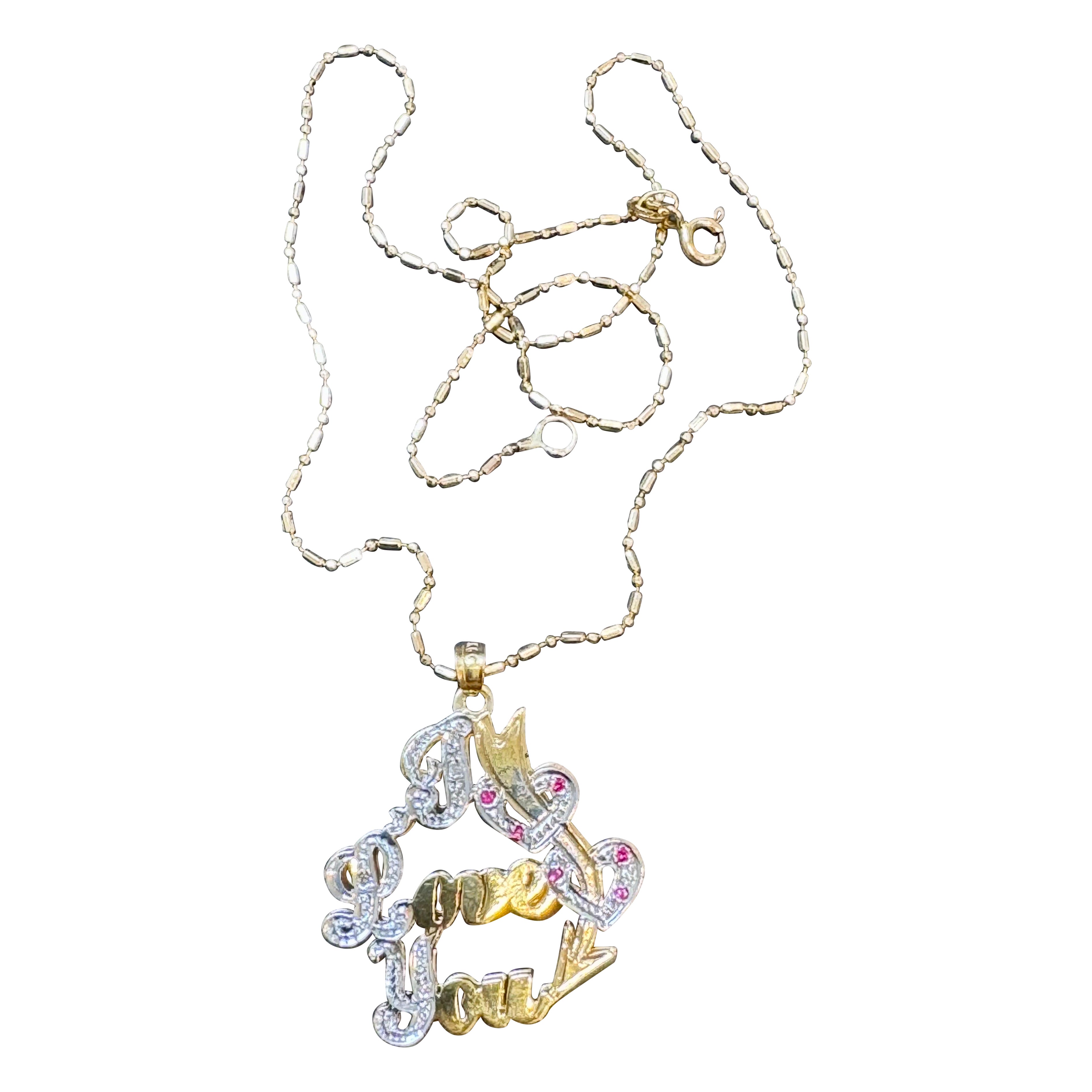 Vintage I Love You  Pendant with Ruby in 14 K Yellow Gold Chain, 16" Long, 5.8gm