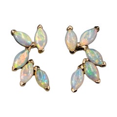 Feather Design Australian Solid Opal Stud Earrings 14K Yellow Gold