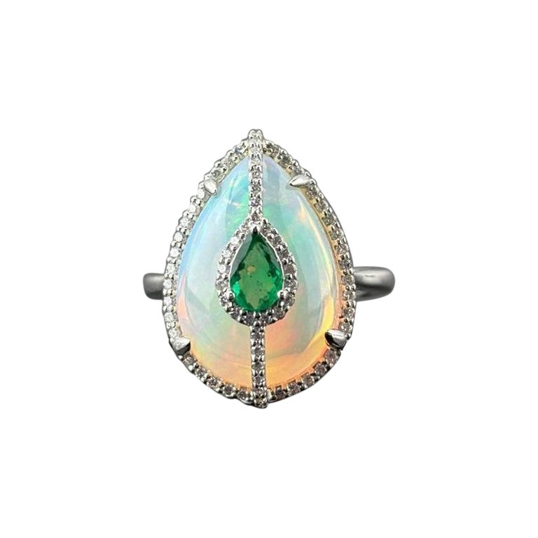 Certified Opal 18KT White Gold, Diamonds And Emerald Cocktail Ring