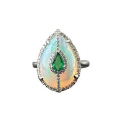 Certified Opal 18KT White Gold, Diamonds And Emerald Cocktail Ring