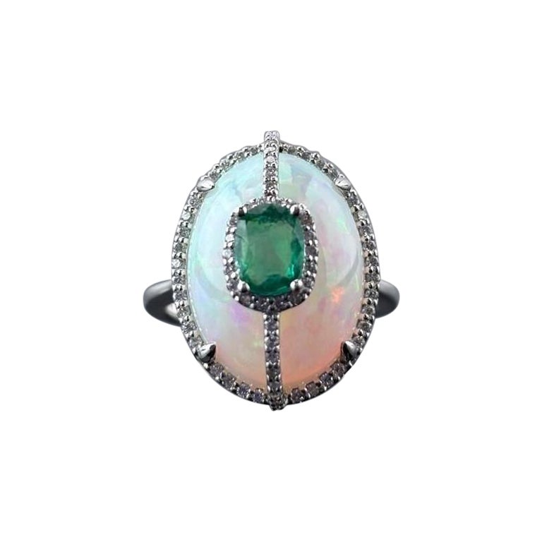 Certified Color Play Effect Oval Opal 18KT White Gold, Diamond And Emerald Ring For Sale